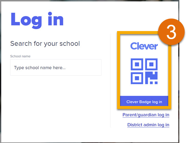 Orange highlight and number 3 around Clever Badge with blue QR code symbol