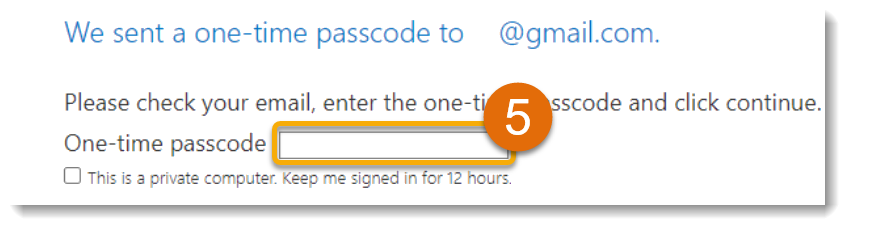 Orange hughlight and the number 5 around the one time passcode field