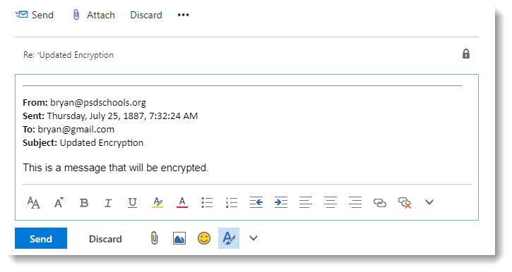 Image of an encrypted email client tab. Contains Send, Attach, and Discard button, as well as other features for editing an email