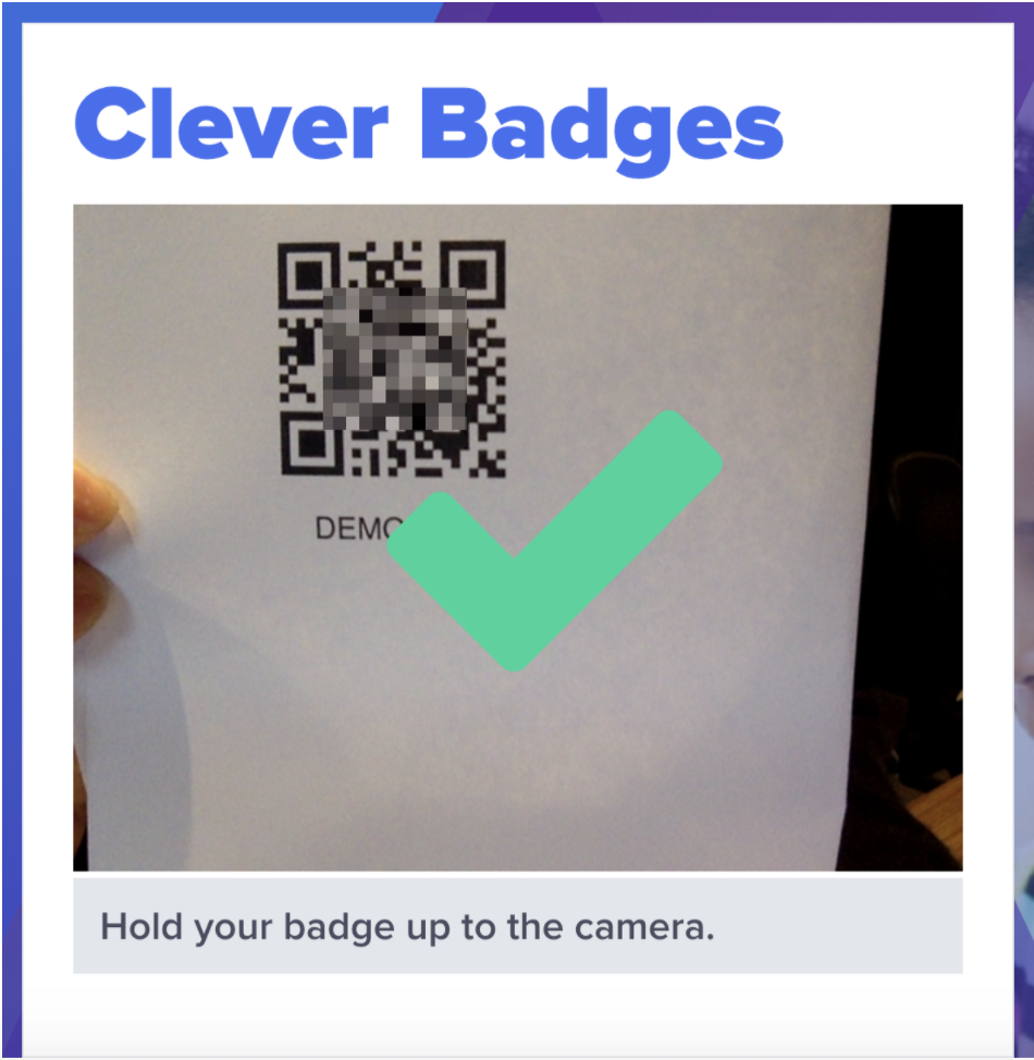 Screenshot of webcamera view with person holding up example QR code and a displayed, green checkmark. 