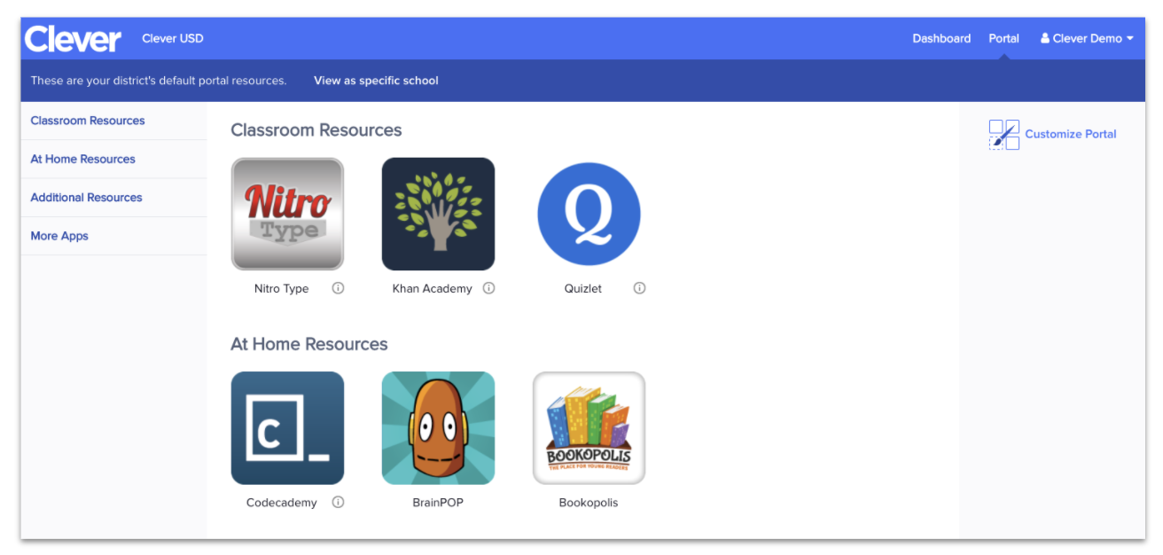 Applications list and icons on the main student view of Clever