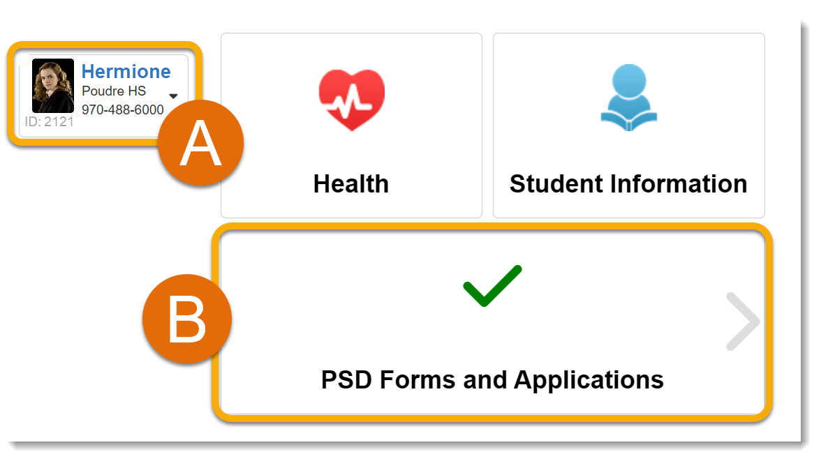 Orange highlights and the letters A and B around picture of student and the PSD Forms and Applications button