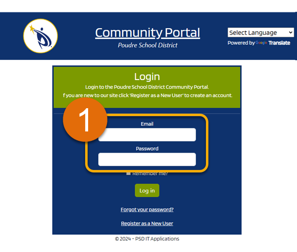 Orange highlight and number 1 around login fields on the Community Portal